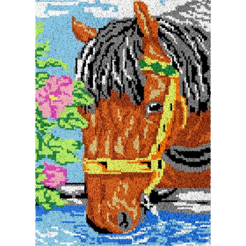 Rug Making Latch Hooking Kit | Horse Drinking (52x38cm printed canvas)